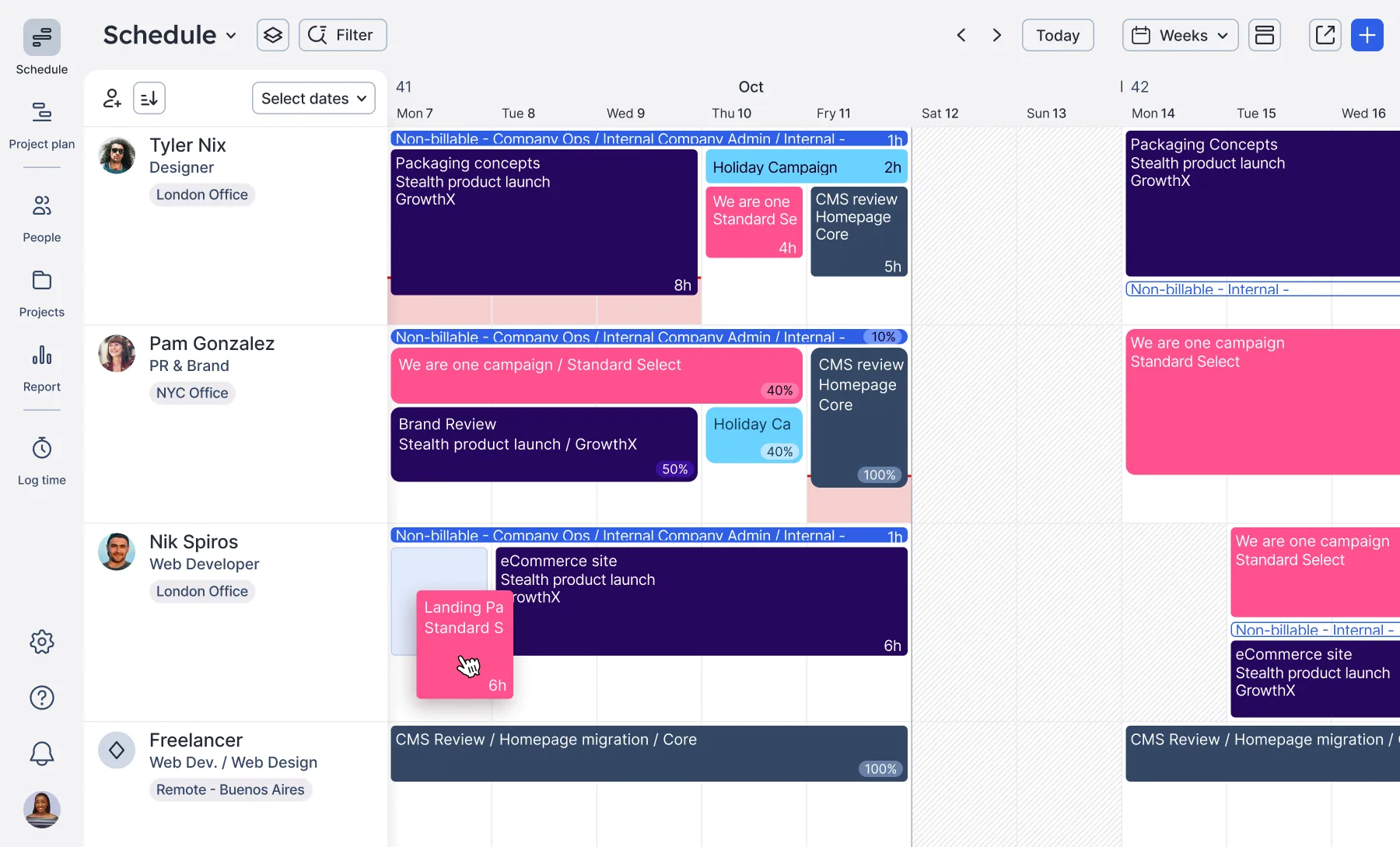 Float's schedule view showing team members, color-coded project blocks, and capacity across weeks