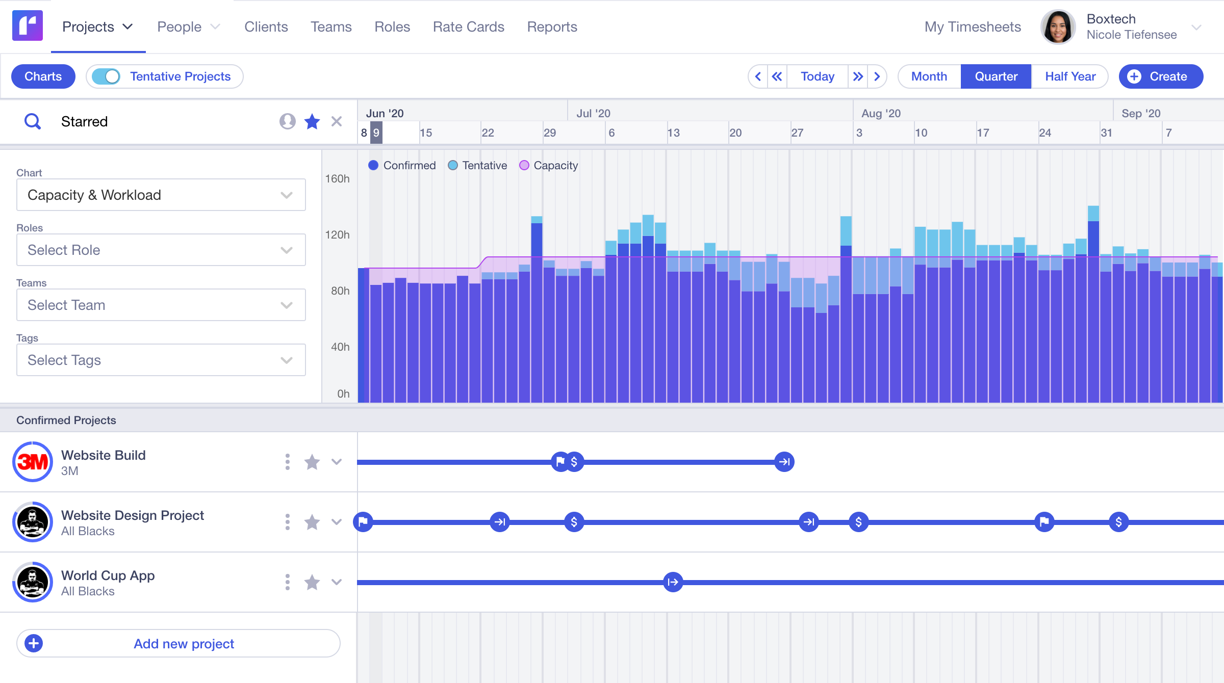 Runn's projects view with a capacity and workload chart showing confirmed vs tentative demand against team capacity